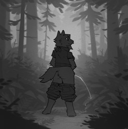 ambiguous_gender anthro anthro_peeing bodily_fluids bottomwear bottomwear_down breasts butt clothed clothing facial_piercing forest forest_background genital_fluids kerchief nature nature_background neckerchief neckwear nose_piercing pants pants_down partially_clothed peeing peeing_outside piercing plant side_boob solo standing tail tree urine urine_stream watersports sleeprealms canid canine mammal 1:1 greyscale hi_res monochrome