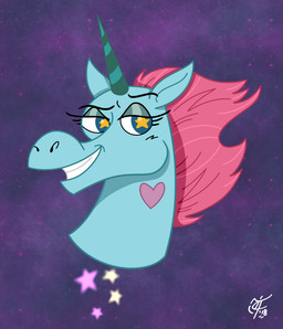 ambiguous_form blue_body blue_eyes blue_fur blue_horn disembodied_head female fur heart_(marking) horn mane markings pink_mane smile solo star_eyes unclescooter disney mythology star_vs._the_forces_of_evil pony_head_(svtfoe) equid equine mammal mythological_creature mythological_equine unicorn 2018