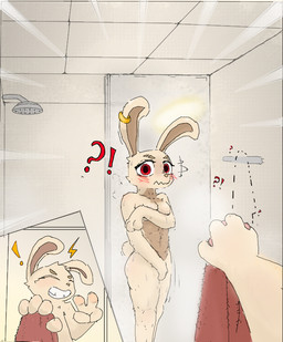 anthro bathroom breasts confusion covering covering_breasts covering_crotch duo ear_piercing ear_ring embarrassed female flushed fur gesture hand_gesture holding_object light looking_at_viewer male multicolored_body multicolored_fur nude paws piercing pose ring_piercing shower smile smiling_at_another smiling_at_viewer steam sunlight surprised towel v_sign wet unnamedpon3 lagomorph leporid mammal rabbit brother_(lore) sibling_(lore)