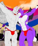 2022 3_fingers absurd_res angel angelgatomon_(angelgato) anthro axl_hailer bandai_namco bisexual_pride_colors black_markings blue_eyes bow_tie bulge claws clothing detailed_bulge digimon digimon_(species) dorumon dragon feathered_wings feathers felid feline felis fingers flag flag_(object) foxy_the_dorumon fur furred_dragon furred_scalie gatomon gloves handwear hi_res holding_flag holding_object jockstrap lgbt_pride male male/male mammal markings mature_anthro mature_male membrane_(anatomy) membranous_wings muscular muscular_anthro muscular_male mythological_creature mythological_scalie mythology pride_color_flag pride_colors pride_heart purple_body purple_fur purple_markings purple_skin purple_tuft ring scalie tail tuft underwear whiskers white_body white_fur white_skin white_wings wings x-digimon yellow_eyes