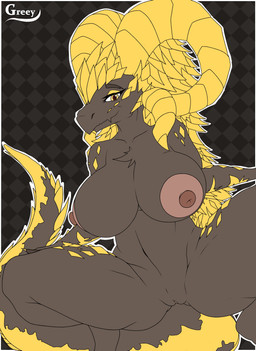 2_horns abstract_background anthro anthrofied areola big_areola big_breasts big_tail breasts brown_body brown_scales crouching curled_horn curvy_figure eyelashes female genitals head_spikes horn huge_areola huge_breasts huge_hips huge_thighs long_tail looking_at_viewer nipples nude nude_anthro nude_female plump_labia scales smile snout solo spiked_tail spikes spikes_(anatomy) spread_legs spreading tail text thick_thighs voluptuous voluptuous_anthro voluptuous_female vulva wide_hipped_anthro wide_hipped_female wide_hips yellow_eyes greey capcom monster_hunter mythology dragon elder_dragon kulve_taroth mythological_creature mythological_scalie scalie 2025 absurd_res artist_name digital_drawing_(artwork) digital_media_(artwork) hi_res watermark
