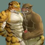 abs anthro athletic balls biceps big_muscles black_body black_fur blush bodily_fluids brown_body brown_fur clenched_teeth cum cumshot duo ejaculation erection eyes_closed fangs forced forced_orgasm fur genital_fluids genitals grin handjob humanoid_genitalia humanoid_penis interspecies kemono male male/male markings muscular muscular_male nude orange_body orange_fur orgasm pecs penile penis pink_nose pose pubes purple_eyes sex simple_background sitting smile stripes teeth tusks white_body white_fur bontiage kidspy_(pixiv) felid mammal pantherine suid suine sus_(pig) tiger wild_boar 1:1