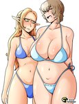 big_breasts blonde_hair blue_clothing blue_swimwear blush breast_envy breast_size_difference breasts brown_hair clothing duo eyelashes eyes_closed female green_eyes hair huge_breasts humanoid_pointy_ears long_hair medium_breasts navel open_mouth pointy_ears short_hair simple_background swimwear thick_thighs white_background wide_hips tuteheavy delicious_in_dungeon mother_daughter_boob_envy_(meme) falin_touden marcille_donato elf human humanoid mammal absurd_res hi_res meme