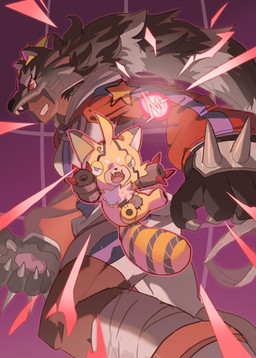 anthro bottomwear brass_knuckles clothing dark_body dark_skin evolutionary_family female fur grin gun_arm mask melee_weapon orange_body orange_fur raccoon_tail sharp_teeth shorts smile teeth weapon weapon_arm 765nanami bandai_namco digimon digimon_beatbreak bearcatmon digimon_(species) humanoid pristimon absurd_res hi_res