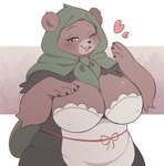 anthro biped blush breasts brown_body brown_fur cleavage clothed clothing female fur heart_symbol looking_at_viewer mature_anthro mature_female one_eye_closed open_mouth simple_background smile smiling_at_viewer solo anotherbearsimp mama_mellow_(anotherbearsimp) bear mammal 2023 hi_res