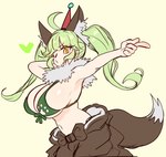 4_ears 5_fingers ahoge bangs belly big_breasts bikini bikini_top blush breasts brown_body brown_fur cleavage clothed clothing costume dipstick_tail female fingers fool's_hat footprint fur fursuit gesture green_hair hair hand_gesture hat headgear headwear heart_reaction heart_symbol human_ears inner_ear_fluff looking_at_viewer markings multi_ear navel neck_tuft pawprint pawprint_clothing pointing pose pupils side_boob side_view simple_background slit_pupils solo swimwear tail tail_markings tuft twintails_(hairstyle) two-piece_swimsuit white_body white_fur wolf_ears yellow_eyes ebora ponos_corp. the_battle_cats deale animal_humanoid canid canid_humanoid canine canine_humanoid humanoid mammal mammal_humanoid wolf_humanoid 2024 digital_drawing_(artwork) digital_media_(artwork) hi_res
