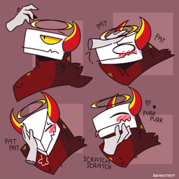 2_horns 4_fingers ambiguous_gender anthro blep blush blush_lines breath brown_background closed_smile disembodied_hand dot_pupils duo empty_eyes eyes_closed fingers flesh_fang flustered front_view fur halo head_horn headpat heart_symbol horn mouth_closed pink_tongue pupils red_body red_fur side_view simple_background slit_pupils smile snout solo_focus text tongue tongue_out white_body white_eyes yellow_sclera skykdotidot karma_(skykdotidot) unknown_species 1:1 2024 artist_name bust_portrait digital_drawing_(artwork) digital_media_(artwork) english_text hi_res portrait male_(lore)