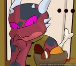 ambiguous_gender close-up clothed clothing ellipsis food solo waiting kamperkiller_(artist) lena_the_kobold kobold scalie hi_res female_(lore)