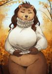 5_fingers anthro autumn big_breasts bottomless breasts brown_body brown_fur brown_hair clothed clothing curvy_figure day detailed_background eyes_closed female fingers forest fur genitals hair outside plant pussy sky smile solo sweater thick_thighs topwear tree undressing voluptuous wide_hips noviraine nora_(tasanko) bear mammal 2019