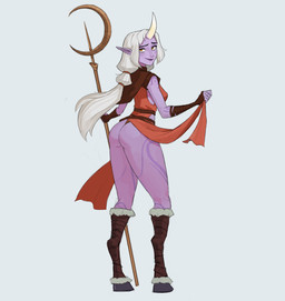 1_horn big_butt blue_background breasts butt clothed clothing eyelashes female hair holding_object holding_staff hooves horn humanoid_pointy_ears long_hair looking_at_viewer looking_back looking_back_at_viewer markings orange_eyes pointy_ears purple_body purple_markings raised_clothing red_clothing simple_background smile solo staff thick_thighs white_hair wide_hips amugea league_of_legends riot_games tencent soraka horned_humanoid humanoid 2021 hi_res
