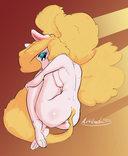 3_toes anthro anus big_breasts big_tail blonde_hair blue_eyeshadow breast_squish breasts butt curled_up eyelashes eyeshadow feet female fur hair long_hair makeup narrowed_eyes nude solo squish tail toes white_body white_fur yellow_tail artblush animaniacs warner_brothers minerva_mink mammal mink mustelid musteline true_musteline 2023 dated hi_res