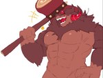 brown_body brown_fur brown_hair crossbar_emanata emanata fur hair hammer horn jewelry laugh male muscular necklace red_eyes red_horn sharp_teeth solo teeth tools himawari cookie_run cookie_run_kingdom devsisters schwarzwalder canid canine canis mammal wolf hi_res