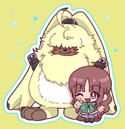 anthro blush brown_hair chibi duo female fur hair hair_over_eyes long_ears male one_eye_closed smile wink yellow_body yellow_fur df4ytwgrsdgcxv77 bandai_namco digimon digimon_ghost_game ruri_tsukiyono angoramon digimon_(species) human lagomorph leporid mammal rabbit
