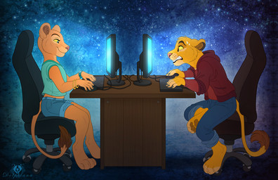 4_toes anthro anthrofied barefoot bodily_fluids bracelet brown_eyes brown_pawpads chair clenched_teeth clothed clothing computer_keyboard computer_mouse digitigrade duo electronics eyebrows feet female fur furniture gaming glowing green_eyes hoodie jewelry male monitor pawpads paws pink_nose playing_video_game raised_inner_eyebrows sitting smile soles sweat swivel_chair tan_body tan_fur teeth toes topwear whiskers worried yellow_body yellow_fur yellow_sclera dolphydolphiana disney the_lion_king nala_(the_lion_king) simba_(the_lion_king) felid lion mammal pantherine 2019 digital_media_(artwork)