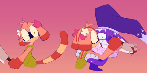 anthro attack blood bodily_fluids clothed clothing duo female fur holding_knife holding_object knife magic_user male orange_body orange_fur purple_body purple_fur clockstops3am conditional_dnp slime_rancher_(labbit) wizard_(labbit) ambiguous_species mammal hi_res