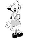 anthro biped black_eyes blush blush_lines bow_ribbon cat_tail chibi clothed clothing eyebrows eyelashes female fingers footwear micro_calves open_mouth open_smile shoes simple_background simple_eyes smile solo standing tail thin_calves tongue white_background yarharcannon felid feline mammal 2022 absurd_res digital_media_(artwork) hi_res monochrome