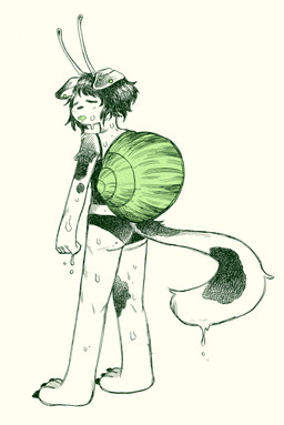 ambiguous_gender antennae_(anatomy) anthro barefoot biped clothing dripping ear_piercing eyes_closed feet gastropod_shell markings mollusk_shell open_mouth paws piercing rear_view shell shirt simple_background solo spots spotted_body tank_top topwear underwear white_background bonnie_guerra canid canine canis domestic_dog gastropod hybrid mammal mollusk snail absurd_res hi_res restricted_palette