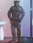 4_toes abs anthro balls bathroom biceps big_muscles biped black_body black_fur black_nipples black_nose blue_eyes chest_tuft claws erection feet front_view frown fur genitals grey_body grey_fur hands_on_hips humanoid_genitalia humanoid_penis looking_down male manly melanistic muscular muscular_anthro muscular_male nipples nude paws pecs penis plantigrade sink solo standing thick_penis toe_claws toes tuft vein arcticlion gage_the_panther felid mammal pantherine 2016 full-length_portrait hi_res portrait