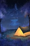 camping_tent city city_background city_lights colored_lighting dirt distant_city forest forest_background glowing_tent grass lake mountain_background nature nature_background night outside path plant purple_leaves raining reflection rock scenery shrub snow_cap street_lamp tarp tent tree zero_pictured cuchuflin nintendo pokemon ambient_arthropod caterpie generation_1_pokemon pokemon_(species) absurd_res comic hi_res