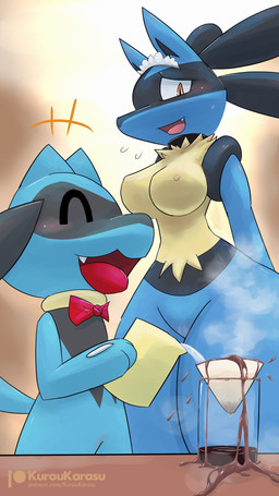 ambiguous_gender anthro anthrofied barista big_breasts blue_body blue_fur bodily_fluids bow_tie breasts camel_toe clothing coffee_filter coffee_mug container cup doing_it_wrong duo eyes_closed female fur hot_water low-angle_view maid_headdress maid_uniform mostly_nude mug nipples open_mouth open_smile pokemorph pouring pouring_liquid pouring_water smile spill steam sweat tongue uniform water worried kurohane_karasu nintendo pokemon generation_4_pokemon lucario pokemon_(species) riolu 9:16 hi_res
