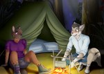 anthro bedroll blue_eyes blush boots bottomwear breasts brown_body brown_fur brown_hair brown_nose campfire camping camping_tent clothed clothing collared_shirt cooking_pot cookware crouching detailed_background duo female fire footwear forest fur gloves_(marking) grass hair hair_over_eye inner_ear_fluff kitchen_utensils looking_at_another looking_at_partner male markings medium_breasts nature nature_background night one_eye_closed one_eye_obstructed outside pillow plant purple_clothing purple_shirt purple_t-shirt purple_topwear shirt shoes shorts sitting socks spots spotted_body spotted_fur spotted_markings t-shirt tent tools topwear tree tuft wink wolfschulte trevor_pride_(knotfunny) wolfschulte_(character) hyena mammal spotted_hyena 2022 digital_media_(artwork) hi_res signature herm_(lore) nonbinary_(lore)