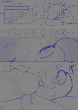 anthro bodily_fluids box container convention erection eyebrows eyelashes female fur genital_fluids genitals glans glory_hole hair leaking_precum lying on_front one_eye_closed open_mouth paws penis precum round_ears short_hair size_difference sleeping solo sucking_tip surprised text itssunee sugar_(itssunee) cricetid hamster mammal rodent comic digital_media_(artwork) english_text hi_res sketch