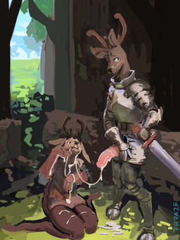 ambiguous_gender anthro armor blush bodily_fluids clothing cum cum_on_hand cum_on_penis cum_string detailed_background duo erection forest genital_fluids genitals gloves grass handwear looking_at_viewer male male/ambiguous melee_weapon penis plant shy sitting standing sword tree weapon 7b7a2f deer mammal 3:4 absurd_res digital_media_(artwork) digital_painting_(artwork) hi_res painting_(artwork) signature