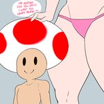 clothed clothing dialogue female larger_female male mushroom_cap not_furry panties simple_background size_difference smaller_male text underwear lyn_nyl mario_bros nintendo princess_peach human mammal toad_(mario) 1:1 english_text hi_res