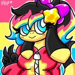 anthro black_hair blue_eyes breasts clothing female gesture hair hand_gesture highlights_(coloring) jacket lgbt_pride multicolored_highlights pansexual_pride_colors pride_color_background pride_color_highlights pride_colors simple_background solo star topwear v_sign yellow_body lewdchuu_(artist) lgbt_pride_month nintendo pokemon electro_(lewdchuu) generation_6_pokemon helioptile pokemon_(species) 1:1 2019 hi_res