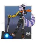 anthro big_breasts blue_eyes breasts clothed clothing cybernetic_arm cybernetic_limb ear_piercing ear_ring female fur gesture hair hammer piercing ring_piercing salute scarf solo striped_body striped_fur stripes tight_clothing tools weapon stogiegoatarts ratchet_and_clank sony_corporation sony_interactive_entertainment rivet_(ratchet_and_clank) lombax mammal digital_drawing_(artwork) digital_media_(artwork)