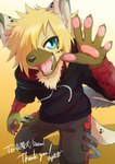 5_fingers anthro barefoot blonde_hair blue_eyes bottomwear brown_body brown_fur brown_nose chest_tuft claws clothed clothing facial_markings fangs feet finger_claws fingers fluffy fur hair hair_over_eye happy head_markings hoodie kemono looking_at_viewer male male_anthro markings multicolored_body multicolored_ears multicolored_fur multicolored_tail muzzle_(marking) one_eye_obstructed open_mouth open_smile pants pawpads smile smiling_at_viewer snout snout_markings solo tail tan_body tan_fur teeth text tongue topwear tuft white_body white_fur kagalli13 rareel hyena mammal spotted_hyena 2022 digital_media_(artwork) hi_res signature translated_description