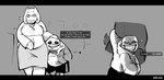 anthro big_breasts bone breasts clothed clothing dialogue duo female fully_clothed hand_in_pocket horn jacket long_ears male one_eye_closed open_mouth pockets skeleton smile text_box topwear wide_hips wink triki_troy undertale_(series) sans_(undertale) toriel animated_skeleton boss_monster_(undertale) bovid caprine goat humanoid mammal undead absurd_res hi_res