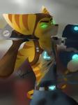 athletic athletic_male blood bodily_fluids clothed clothing glowing glowing_eyes green_eyes male off_shoulder pecs scar solo wounded pakyart15 ratchet_and_clank sony_corporation sony_interactive_entertainment ratchet_(ratchet_and_clank) lombax mammal 3:4 hi_res