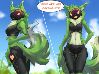5_fingers anthro biped bottomwear breasts butt clothed clothed_anthro clothed_female clothing countershade_fur countershade_torso countershading day dialogue female fingers front_view fully_clothed fully_clothed_anthro fully_clothed_female fur green_body green_fur green_hair hair hand_on_hip hand_on_own_hip inner_ear_fluff machine navel open_mouth outside pants solo speech_bubble standing talking_to_viewer text thigh_gap topwear tuft visor tinygaypirate protogen 2025 digital_drawing_(artwork) digital_media_(artwork) english_text hi_res