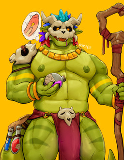 anthro areola belly bone bone_mask bulge clothing detailed_bulge erection genital_outline genitals green_body humanoid_genitalia humanoid_penis male mask musclegut muscular muscular_anthro muscular_male nipples pecs penis penis_outline potion potion_bottle skull skull_mask solo blissade terraria witch_doctor_(terraria) lihzahrd lizard reptile scalie absurd_res hi_res