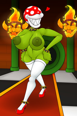 ankle_cuffs anthro areola big_breasts bracelet breasts brick_wall clothing collar collarbone cuff_(restraint) detailed_background eyeless female fire floor footwear genitals green_body heart_symbol high_heels inside jewelry leaf leaf_arms legwear navel nipples not_furry nude plant red_carpet restraints sharp_teeth shoes smile smiling_at_viewer solo spiked_bracelet spiked_collar spikes teeth thick_thighs thigh_highs tile tile_floor torch vulva wall_(structure) warp_pipe wide_hips blobslimey wyerframez_(modeler) mario_bros nintendo elemental_creature elemental_humanoid flora_fauna humanoid piranha_plant plant_humanoid absurd_res hi_res
