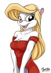 anthro black_eyes blonde_hair breasts chest_tuft clothed clothing dress female funny_post_number fur hair long_hair looking_at_viewer open_mouth pink_nose simple_background smile solo tuft white_background white_body white_fur mysticalpha animaniacs warner_brothers minerva_mink mammal mink mustelid musteline true_musteline 2013 digital_media_(artwork) hi_res