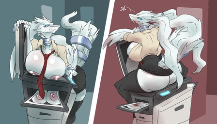 accessory anthro anthrofied anus areola bent_over big_breasts biped black_bottomwear black_clothing black_legwear black_skirt black_thigh_highs blep blue_eyes blue_sclera bottomwear breasts butt claws closed_smile clothed clothed_anthro clothed_female clothing collared_shirt electronics eyebrows female female_anthro finger_claws fingers fur genitals glistening glistening_areola glistening_breasts glistening_butt glistening_eyes glistening_nipples huge_breasts iris legwear looking_at_viewer loose_tie mouth_closed neck_ring necktie nipples no_underwear office_clothing office_lady open_clothing open_shirt open_topwear paper partially_clothed_anthro partially_clothed_female photo photocopier photocopying_breasts photocopying_butt photocopying_self pink_areola pink_nipples pokemorph pupils red_necktie shirt sitting sitting_on_object sitting_on_photocopier skirt slit_pupils small_waist smile snout solo tail tan_clothing tan_shirt tan_topwear thick_thighs thigh_highs tongue tongue_out topwear unprofessional_behavior vulva white_body white_fur white_tail chorsinnell39 nintendo pokemon generation_5_pokemon legendary_pokemon pokemon_(species) reshiram 2026 7:4 archived_source digital_drawing_(artwork) digital_media_(artwork) hi_res sequence shaded