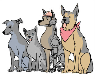 ambiguous_gender brain_dome brown_body brown_fur cybernetic_limb cybernetics ears_up feral fur grey_body grey_fur group heterochromia kerchief looking_ahead looking_at_viewer machine neckerchief neckwear new_vegas paws red_kerchief red_neckerchief simple_background sitting snout tongue tongue_out white_background troutdraw fallout microsoft dogmeat rex_(fallout) canid canine canis cyberdog_(fallout) domestic_dog mammal english_description male_(lore)