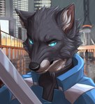 anthro artist_name black_nose blue_clothing blue_eyes blue_jacket blue_topwear cheek_tuft city city_background clothing countershade_face countershade_fur countershading detailed_background digital_drawing_(artwork) digital_media_(artwork) facial_tuft fur glowing glowing_eyes gold_ear_ring grey_body grey_fur headshot_portrait hi_res inner_ear_fluff jacket looking_aside male portrait prick_ears raining seraphim_(artist) seraphimka_(artist) shaded soft_shading topwear tuft watermark