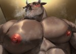 abs anthro areola barazoku bedroom_eyes biceps big_areola big_muscles big_nipples big_pecs blush bodily_fluids breath close-up deltoids facial_hair fur horn huge_muscles huge_pecs inside kemono looking_at_viewer low-angle_view male manly muscular muscular_anthro muscular_male musk narrowed_eyes nipples nude pecs seductive smile solo stubble sweat tuft mennsuke bovid bovine cattle mammal 2025 bust_portrait portrait