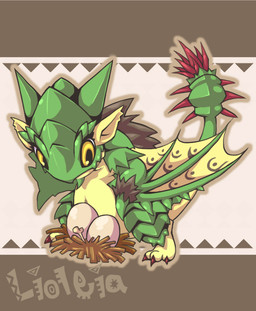 ambiguous_feral ambiguous_gender belly bone chibi claws digitigrade egg feral green_body green_scales incubation looking_down membrane_(anatomy) membranous_wings nest outline protective scales simple_background solo spiked_tail spikes spikes_(anatomy) standing tail tan_outline text wing_claws wings yellow_eyes mukomizu capcom european_mythology monster_hunter mythology dragon mythological_creature mythological_scalie rath_wyvern rathian scalie western_dragon wyvern 2013 full-length_portrait portrait species_name
