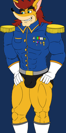 anthro barazoku belt black_clothing black_underwear boots clothing collared_shirt dress_shirt footwear gloves green_eyes hair handwear long_hair male medal multicolored_body orange_body pecs shirt shoes solo topwear two_tone_body underwear uniform fafnir_stardust_(artist) fan_character bandicoot mammal marsupial alpha_channel hi_res