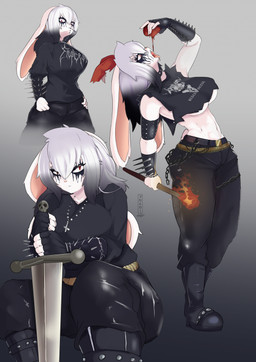 alternative_fashion anthro big_breasts black_metal blood bodily_fluids bracelet breasts collar corpse_paint cross curvy_figure female fur inverted_cross jewelry melee_weapon metalhead red_eyes solo spiked_bracelet spiked_collar spikes standing sword torch under_boob weapon white_body white_fur skulkers shea_(blackmetalbnuuy) domestic_rabbit lagomorph leporid lop_rabbit mammal oryctolagus rabbit hi_res nonbinary_(lore)