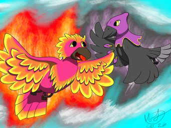 abstract_background ambiguous_gender aura beak cloud duo feathered_wings feathers feet feral flying fur grey_body open_beak open_mouth sky tail tail_feathers talons toes wings yellow_eyes sacreddigital clash_of_clans european_mythology greek_mythology mythology greedy_raven_(clash_of_clans) phoenix_(clash_of_clans) avian bird corvid corvus_(genus) mythological_avian mythological_bird mythological_creature mythological_firebird oscine passerine phoenix raven 4:3 hi_res