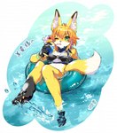 anthro bikini clothing drinking_straw female floating frutiger_aero fur green_eyes inflatable inner_tube kemono one_eye_closed orange_body orange_fur outside solo splash swimwear text tropical_drink two-piece_swimsuit water waterscape ningenzoo canid canine fox mammal 2022 hi_res japanese_text