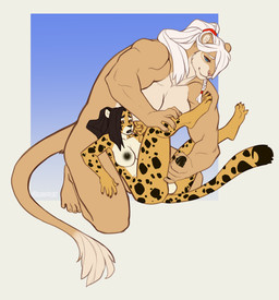 4_toes 5_fingers 5_toes anthro areola balls breasts duo feet fingers genitals gynomorph gynomorph/male hair handjob intersex intersex/male male nipples nude penile penis sex toes white_hair faint samanya_mohatu felid leopard lion mammal pantherine 2021 digital_media_(artwork)