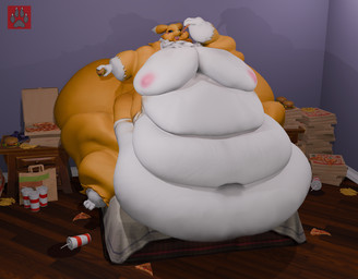 ambiguous_gender anthro bed belly beverage big_belly big_breasts big_butt box breasts burger butt container cup eating eating_food female food fries furniture huge_belly huge_breasts huge_butt huge_hips huge_thighs hyper hyper_belly hyper_butt hyper_thighs immobile male messy_eater messy_room morbidly_obese morbidly_obese_female nipples nude obese obese_anthro obese_female on_bed overweight overweight_anthro overweight_female pizza pizza_box pizza_slice sitting sitting_on_bed slob soda soda_cup solo thick_thighs weight_gain wide_hips vep125 warfaremachine_(modeler) bandai_namco digimon digimon_(species) renamon 3d_(artwork) digital_media_(artwork) hi_res