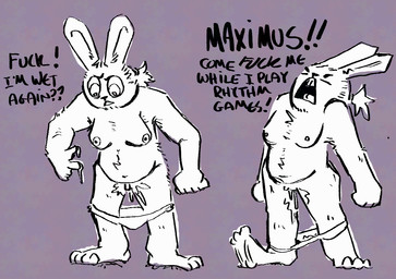 anthro belly big_clitoris bodily_fluids body_hair breasts chest_hair clitoris clothed clothing demanding_sex dominant dominant_anthro female genital_fluids genitals mostly_nude_female nipples open_mouth overweight overweight_anthro partially_clothed slightly_chubby solo text thumping_foot underwear underwear_down underwear_only vaginal_fluids yelling doggirlofparadise lagomorph leporid mammal rabbit digital_drawing_(artwork) digital_media_(artwork) english_text