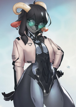anthro blue_eyes clothed clothing cyberpunk ear_piercing eyelashes eyewear female front_view fur glasses grey_body grey_fur grey_hair hair horn jacket leotard looking_at_viewer open_clothing open_jacket open_topwear piercing round_glasses simple_background solo standing tan_horn tinted_glasses topwear shermugi bovid caprine mammal absurd_res hi_res portrait signature three-quarter_portrait